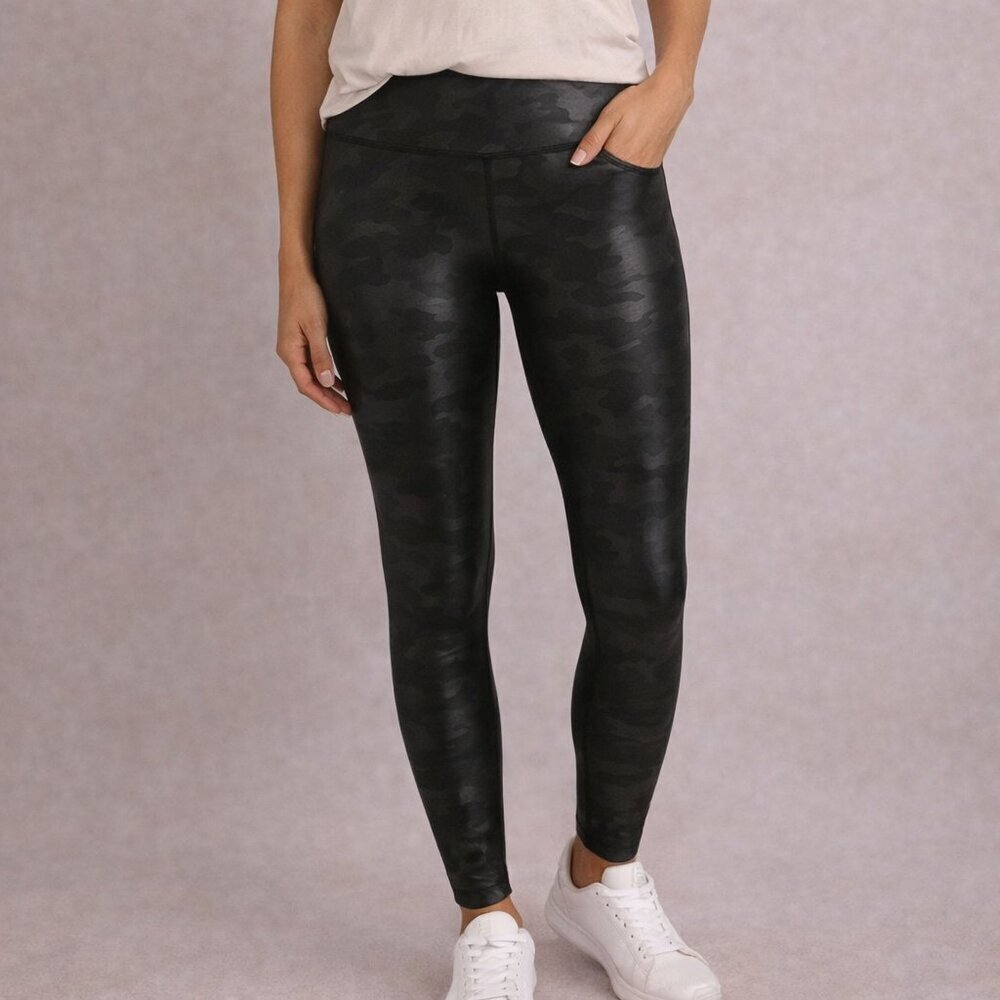SPANX Faux Leather Camo Leggings Small Petite Black Matte High Rise Shaping